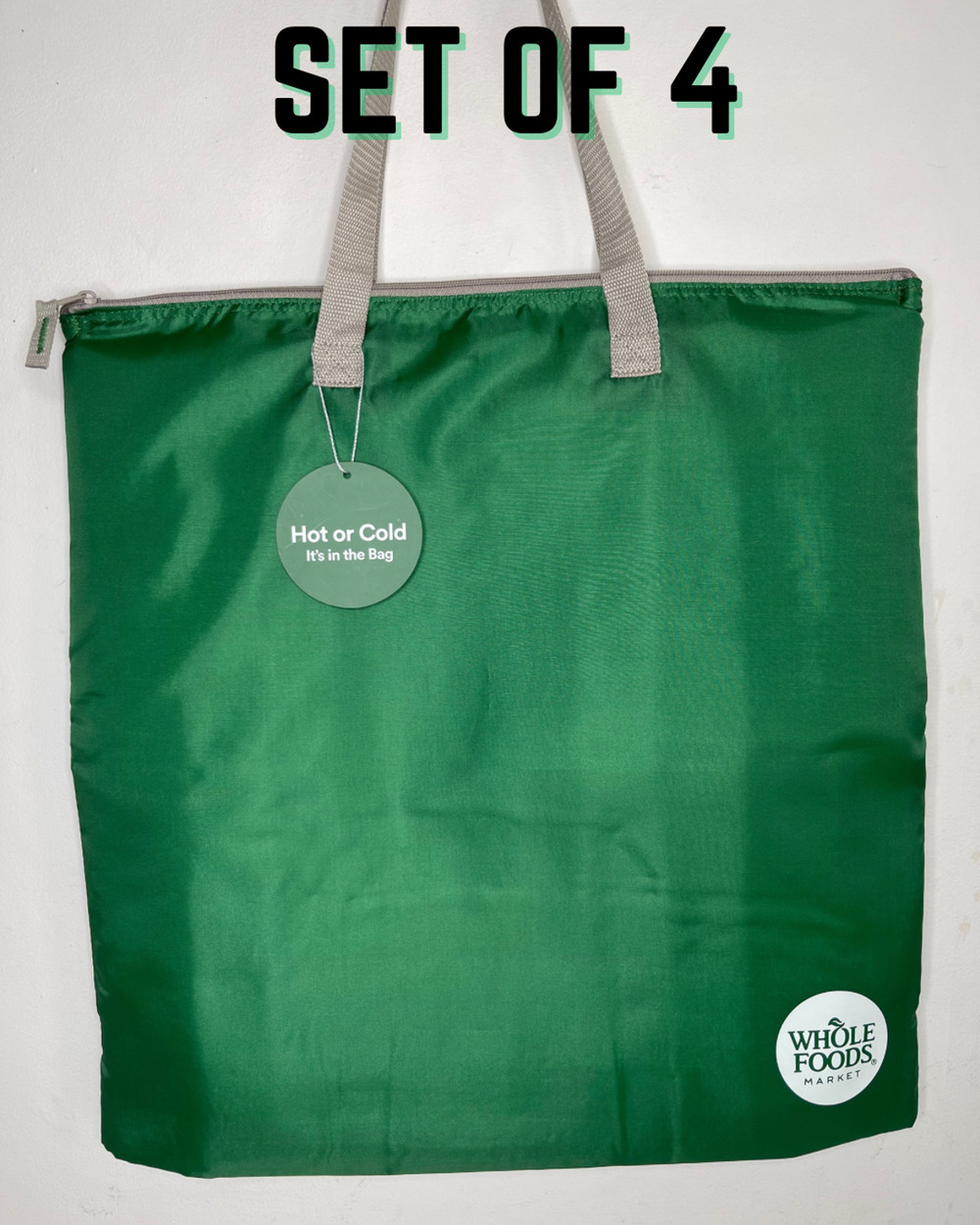 Set of 4! Whole Foods Large Slim Shopper Insulated Cooler Tote Bag Green w/ Logo